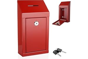 MY CHARITY BOXES Metal Donation Box-Suggestion Box with Slot and lock-Cash Lock box for Money-Secure Drop Box-Comment and ballot voting box-comes with pre-drilled holes for easy wall mounting 10 X 6 X 2.5"(Red)
