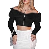 WDIRARA Women's Faux Fur Off Shoulder Crop Coat Zip Up Fuzzy Jackets Long Sleeve Knitted Outerwear