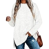 Qearal Women's Long Sleeve Fuzzy Knitted Sweater Popcorn Side Split Loose Pullover Tops