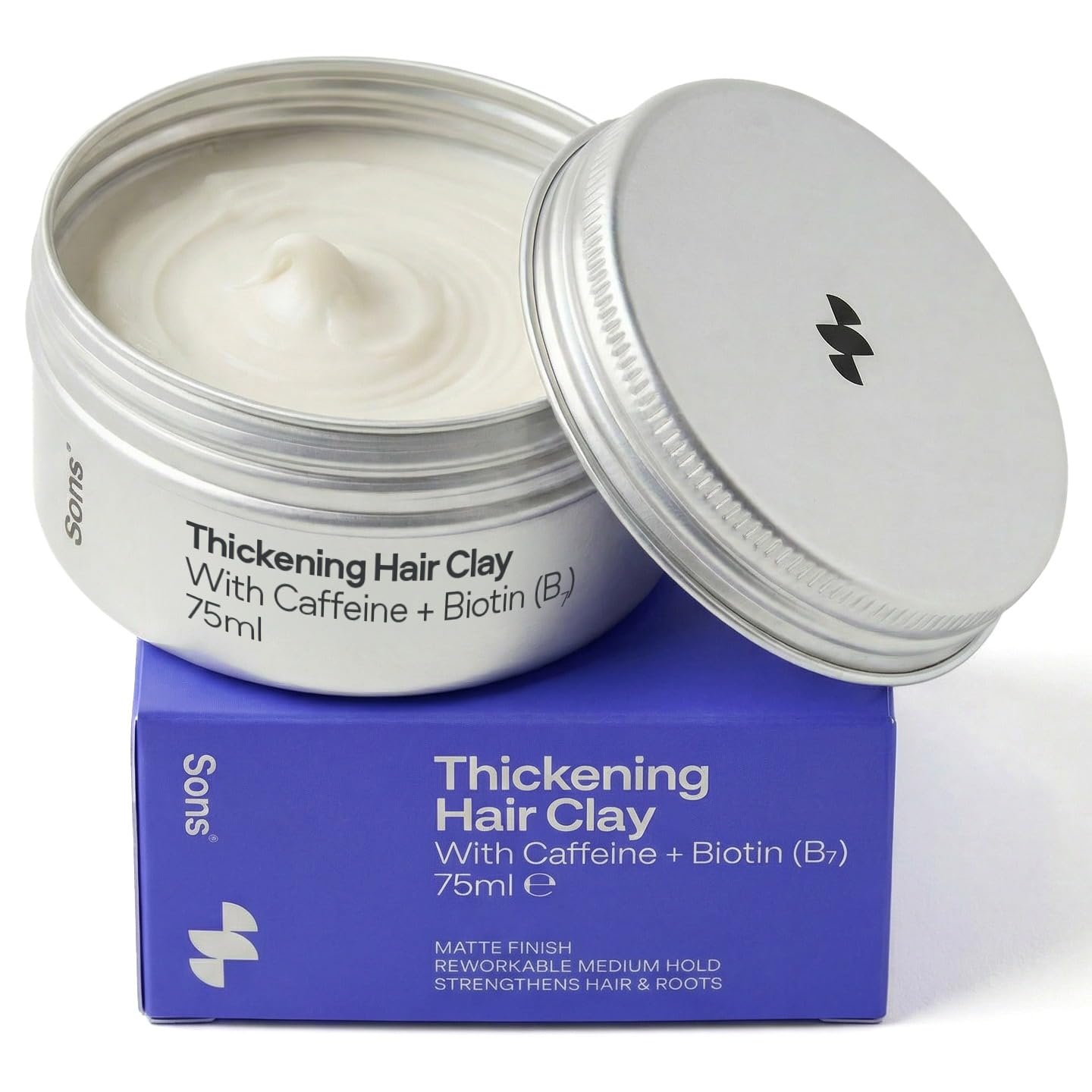 Sons Thickening Hair Clay for Men. Hair Styling Clay with Caffeine & Biotin. Pomade for Men's Hair Growth & Volume. Treatment for Hair Loss & Thinning. 1 Month Supply. Made in Europe.
