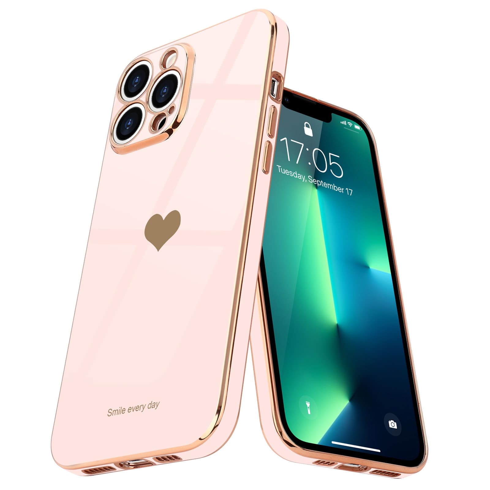 Teageo for iPhone 13 Pro Case Cute Heart Pattern for Women Girls Slim Luxury Bling Plating Soft TPU Anti-Scratch Shockproof Bumper Phone Case for iPhone 13 Pro, Light Pink — image 1