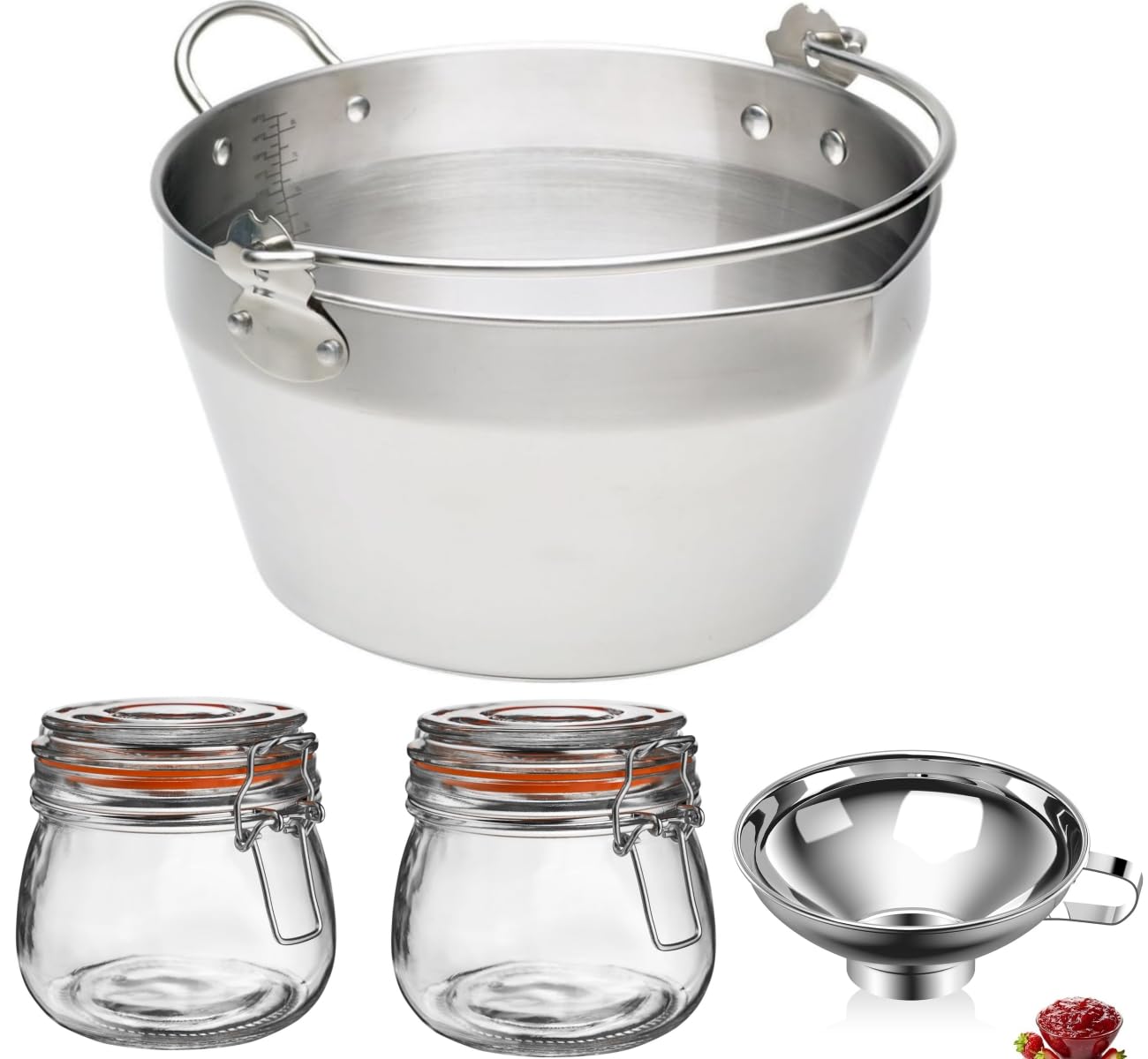 Photo 1 of Stainless Steel Mini Maslin Pan Set for Homemade Jam & Preserve, with Canning Funnel n 2 Glass Jam Jars (4.7QT)