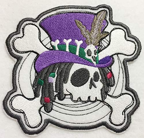Custom and Unique (5" x 4.75" Inch) Right Facing"Spooky" Black Magic Who Do Voodoo Skull & Crossbones w/Top Hat Iron On Embroidered Applique Patch {White, Purple, Green Colors}
