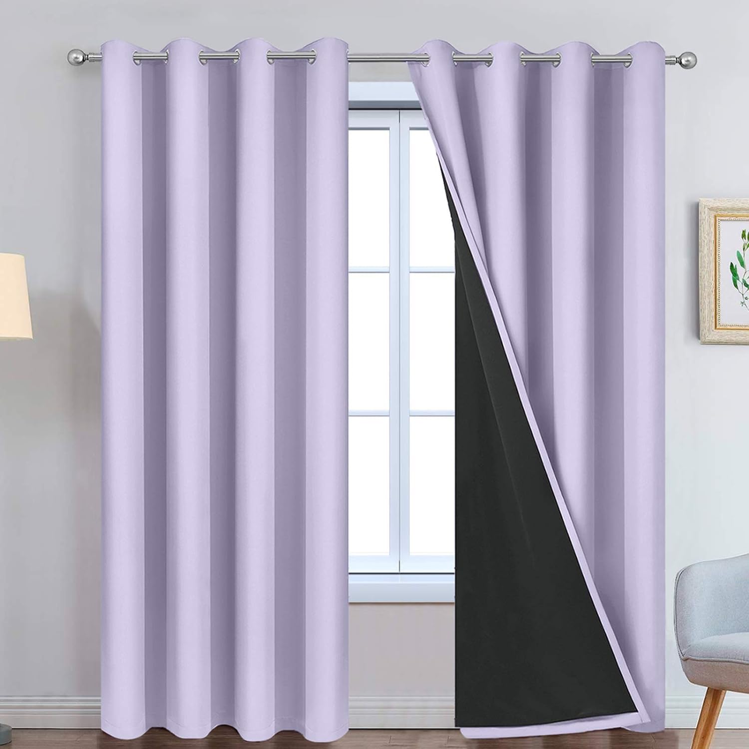 Photo 1 of Yakamok 2 Thick Layers 100% Completely Blackout Window Curtains,Thermal Insulated Noise Reducing Drapes for Girl's Bedroom(52Wx90L, Lilac, 2 Panels)