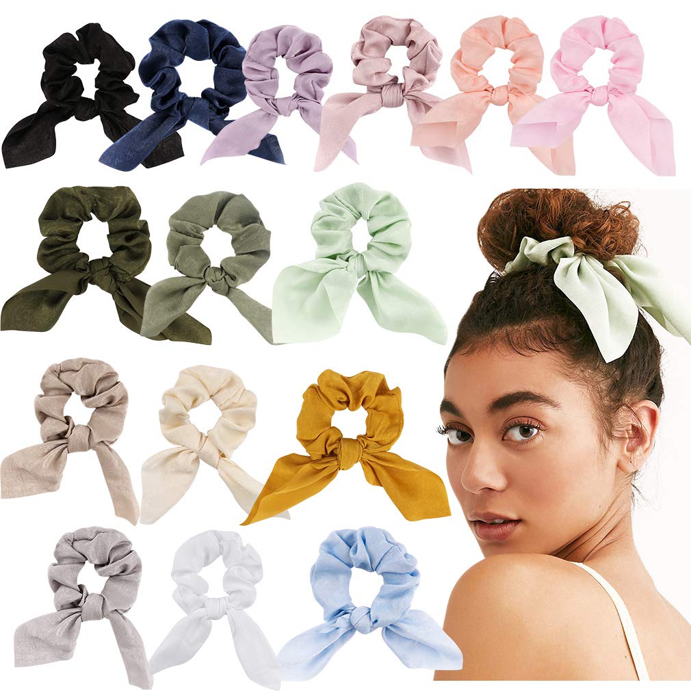 Jaciya 15 Pack Hair Elastics Scrunchies Chiffon Hair Scrunchies Hair Bow Chiffon Ponytail Holder Bobbles Soft Elegant Elastic Hair Bands Hair Ties, 15 Colors (15 Pack Bow Scrunchies)