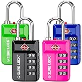 SURE LOCK TSA Approved 4-Digit Resettable Combination Luggage Locks with Open Alert, Easy-Read Dials - for Luggage, School Lockers, Gym, Office, Toolbox & Security Cases(4 Assorted Colors)