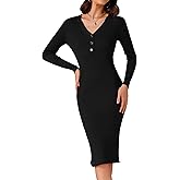 Allegra K Women's Sweater Dress Ribbed Knit V Neck Long Sleeve Bodycon Slim Fitted Elegant Fall Midi Dress