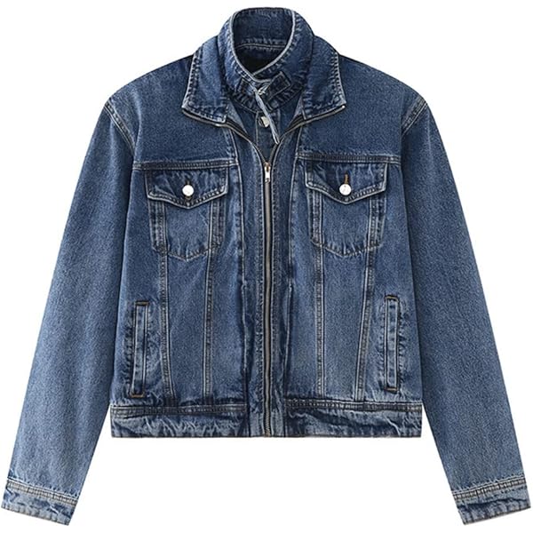 HEYDHSDC Men Distressed Standing Collar Patchwork Denim