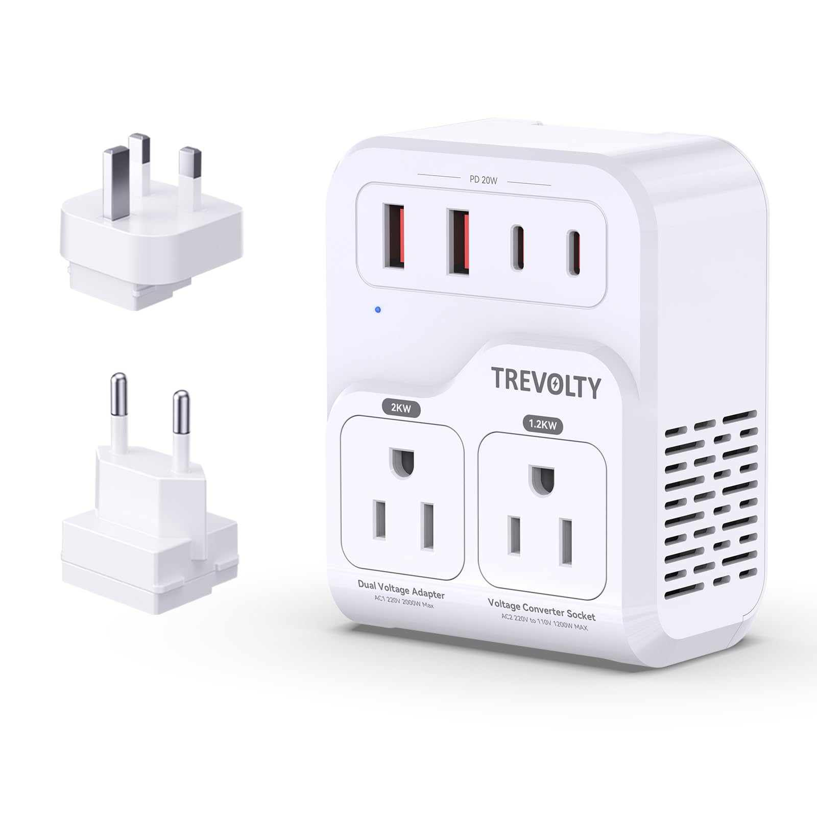 Photo 1 of 2000W Voltage Converter US to Europe for Hair Dryers, 7-in-1 220V to 110V Converter for European Travel with 3 AC/2 USBA/2 USBC Ports (PD20W), Universal Travel Adapter with Type C G Plug (White)