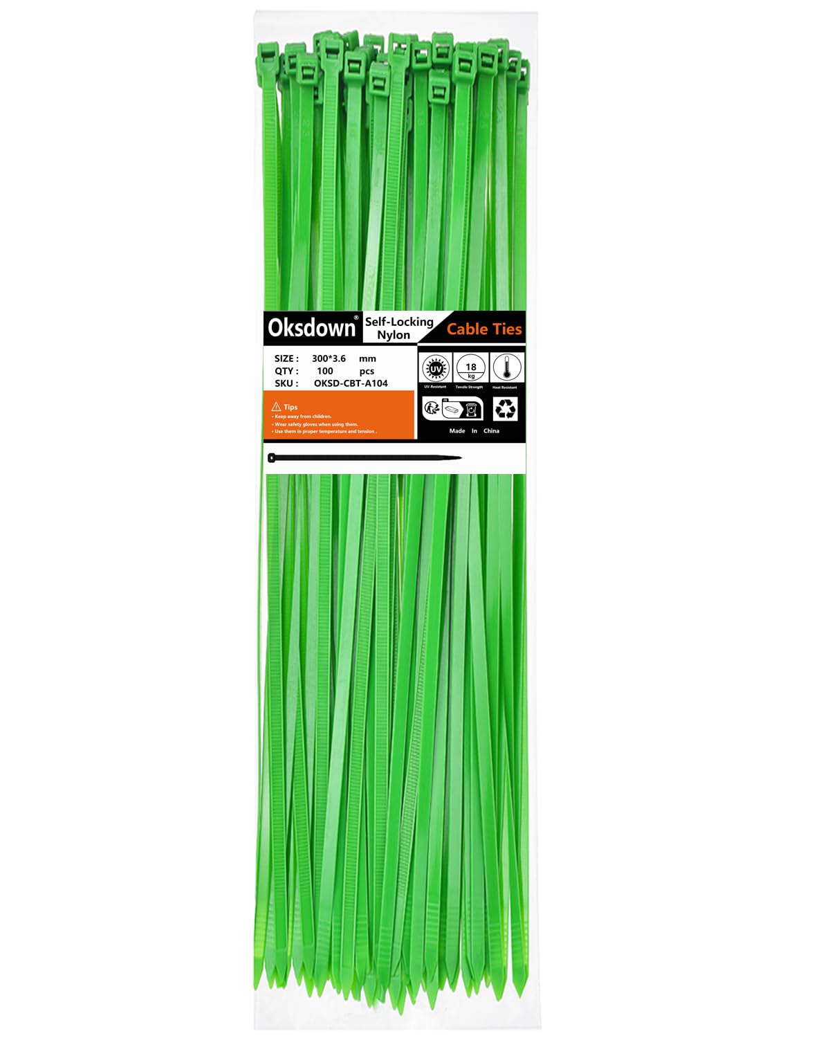 Oksdown 100 Pack Green Plastic Cable Ties 300mm×3.6mm Heavy Duty Nylon Garden Zip Tie Multi Purpose Premium 12 inch/30 cm Tie Wraps — image 1
