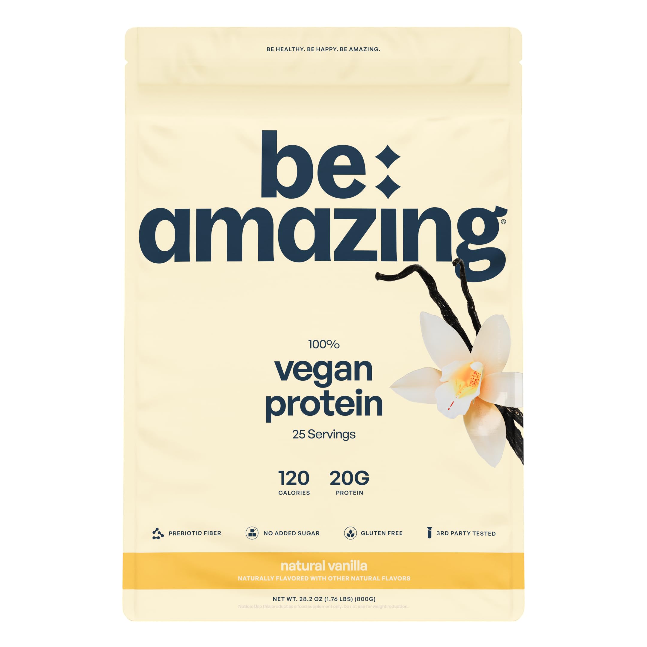 Be Amazing Vegan Protein Powder | 20g Plant-Based Protein with Prebiotics Fibers | Sugar-and-Gluten-Free Shake Mix, Low Carb Non-Dairy Smoothie | Natural Vanilla, 25 Servings