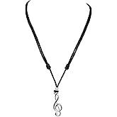 BlueRica Treble G Clef on Adjustable Black Cord Necklace (Chrome Finish)