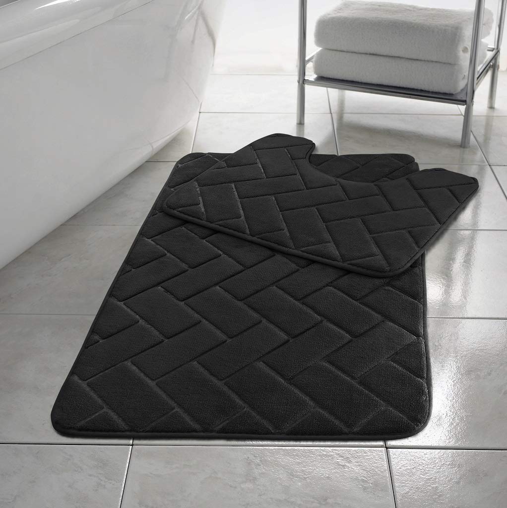 click2style Memory Foam Bath Mat 2 Piece Set Blocks Non Slip Pedestal and Bath Mat Toilet Bathroom (Black)