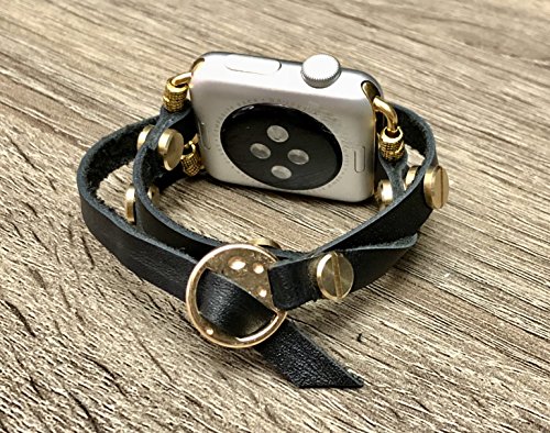 Black Leather Bracelet For Apple Watch Series 1 2 & 3 Handmade Multi Wrap Accessory Apple Watch Band With Gold Metal Jewelry Rivets & Connectors Unique Fashion Strap Wristband