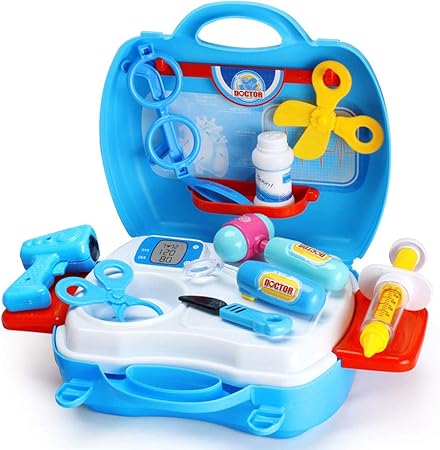Amazon Huangyingui 子供用 医者スーツ 19ピース おままごとセット 歯医者さんキット 医者ロール 遊び 子供用 教育玩具 ブルー 赤ちゃん 幼児のおもちゃ おもちゃ