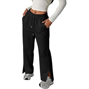 Ladies Split Hem Flared Sweatpants Workout Drawstring High Waist Sweat Pants Jogger with Side Pockets