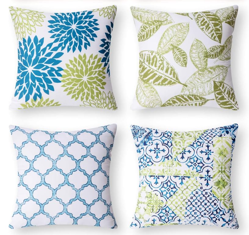 BAOKU Ornamental Leaves Dahlia Pattern Geometric Cushion Covers 45 x 45 cm Throw Pillow Covers Soft Pillowcases for Sofa Bed Home Garden Patio Decor Set of 4 (blue)