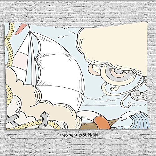 SUPNON custom tapestry Anchor Decor Collection Retro Style Sailor with Boat and Sea Elements Gulls Exotic Adventure Cruising Theme Bedroom Living Room Dorm Wall Hanging Tapestry Soft Blue Cream