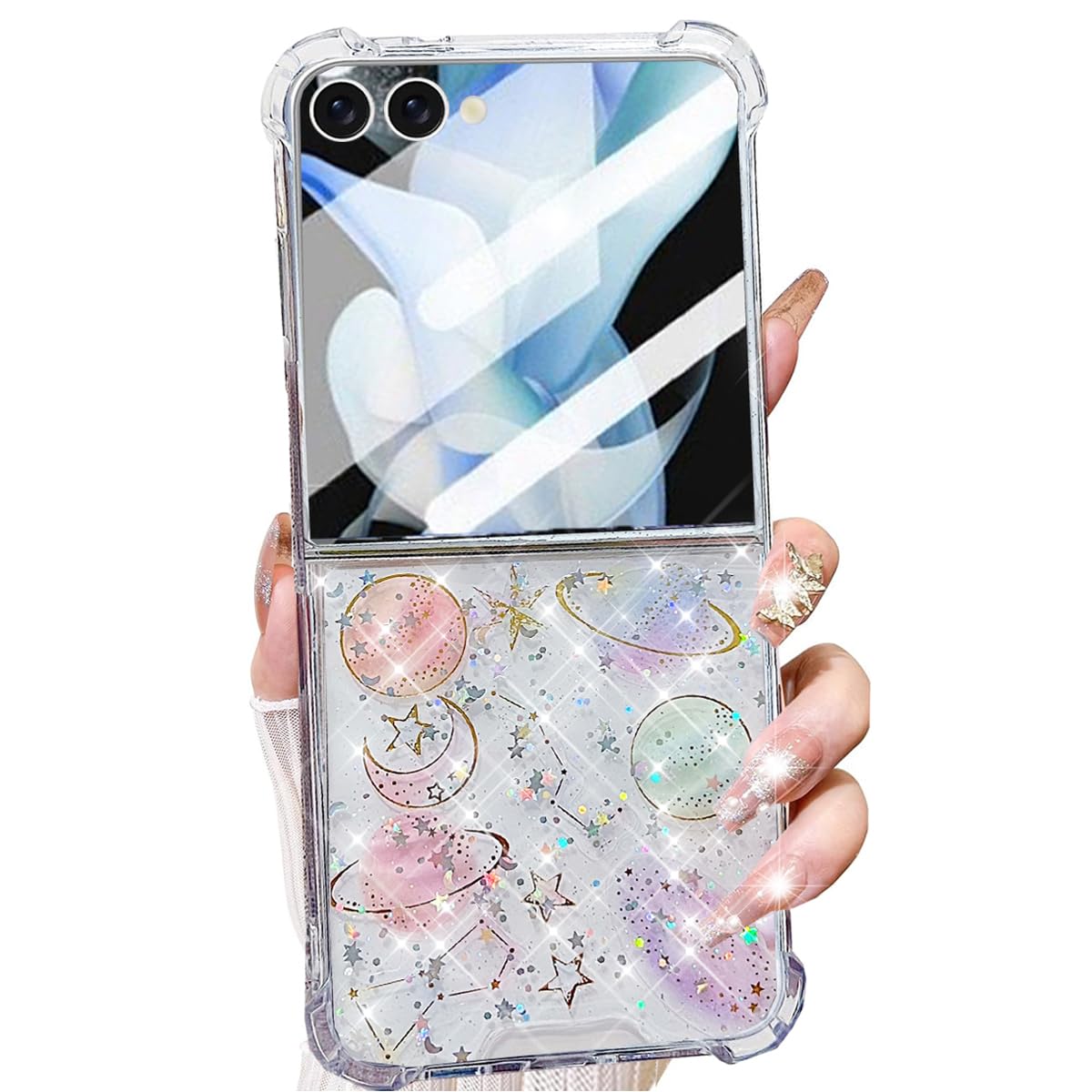 Photo 1 of Changjia for Samsung Galaxy Z Flip 7 Clear Glitter Case,Cute Bling Sparkle Planet Space Stars Moon Universe Pattern Soft TPU Bumper