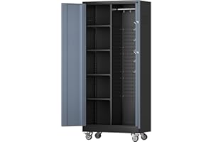 GLADIW Garage Storage Cabinet with Wheels, Metal Storage Cabinet with Lockable Doors and 4 Adjustable Shelves, Metal Locker with Pegboards for Garages, Offices, Gyms and Pantries, Black Dark Grey