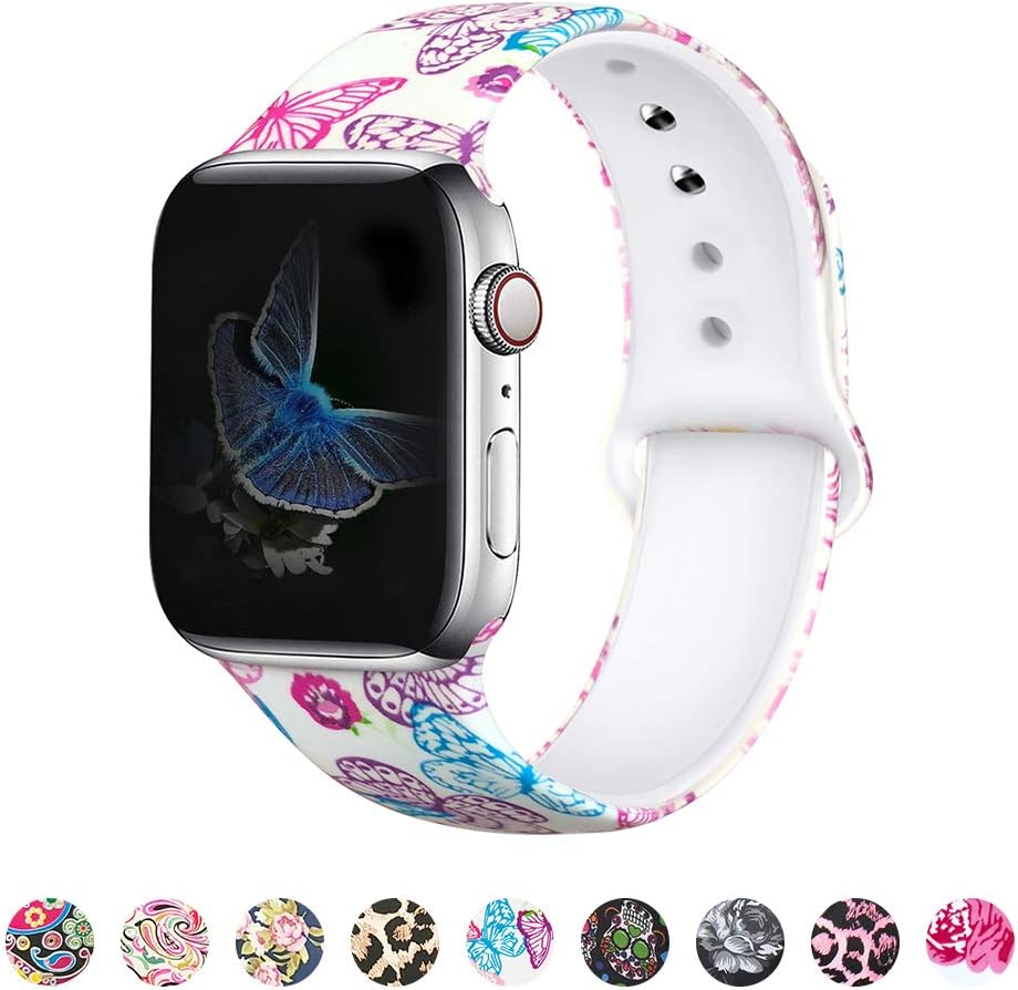 MITERV Compatible with Apple Watch Band 38mm 40mm Soft Silicone Fadeless Pattern Printed Replacement Bands for iWatch Series 5,4,3,2,1 Butterfly S/M