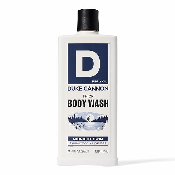 DUKE CANNON SUPPLY CO. THICK HIGH VISCOSITY BODY WASH – 3X THICKER, PLANT-BASED, MINERAL-ENRICHED BODY WASH FOR MEN – SANDALWOOD AND LAVENDER – MENS BODY SCRUB – MIDNIGHT SWIM (18 OZ)