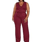 Women's Plus Size Pant Suits 2 Piece Outfits Button Vest Blazer Pockets Wide Leg Pants Sets Casual Pantsuits