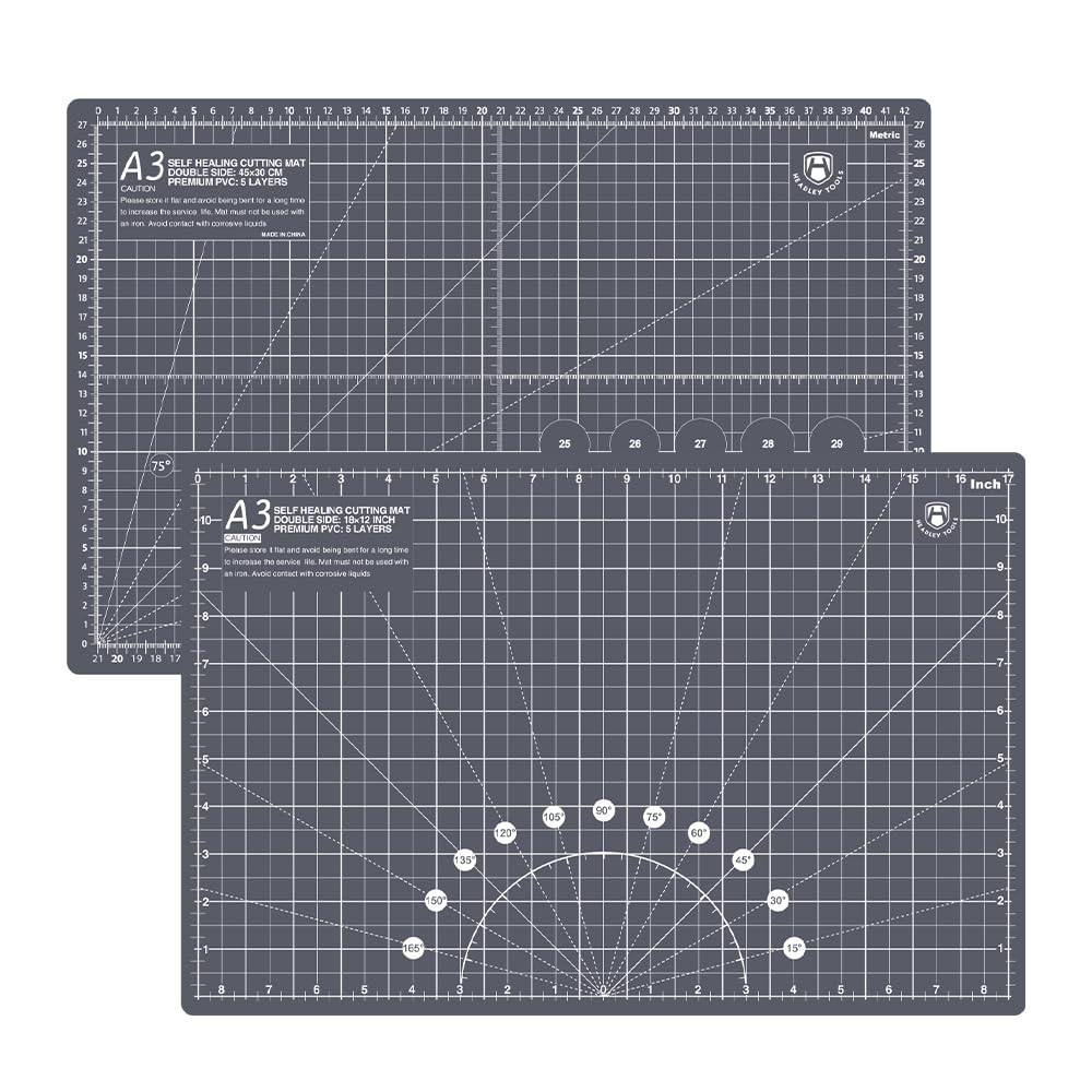 Headley Tools 12 x 18 Inch Self Healing Cutting Mat, Durable Rotary Cutting Mat Double Sided 5-Ply Gridded A3 Cutting Board for Craft, Fabric, Quilting, Sewing, Scrapbooking Project, Black