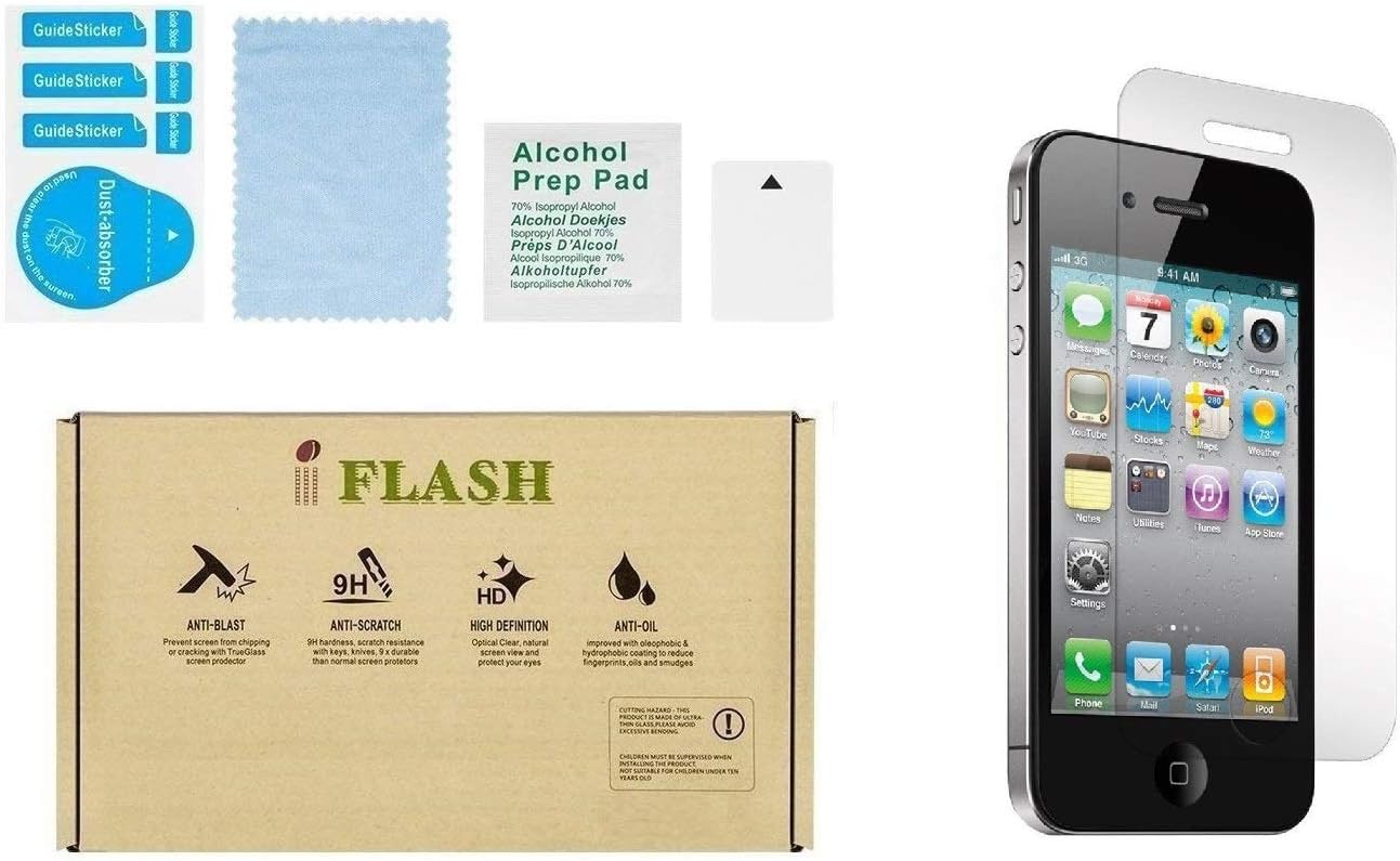 iFlash® 2 Pack of Premium Tempered Glass Screen Protector For Apple iPhone 4S/4 - Protect Your Screen from Scratches and Bubble Free - Maximize Your Resale Value - 99.99% Clarity and Touchscreen Accuracy (2Pack, Retail Package)
