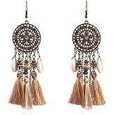 QLYOVWE Bohemian Feather Dangle Earrings for Women Handmade Brown Dream Catcher Feather Earrings Vintage Wolf Tooth Fashion Dangle Earrings Birthday Party Jewelry