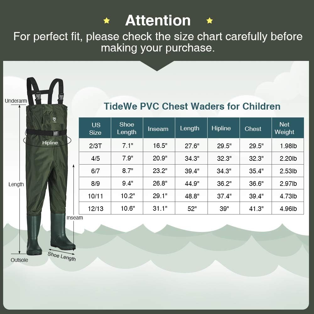 TIDEWE Chest Waders for Kids, Waterproof Youth Waders with Boot Hanger, Lightweight Durable PVC Kids Chest Waders with Boot for Fishing & Hunting (Green) : Sports & Outdoors