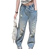 SHHYJUN Girls Wide Leg Ripped Jeans Kids Baggy Elastic Waist Washed Denim Pants 5-14 Years
