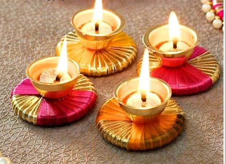 Pride Store Tealight Candle Holder for Home Decor, Diwali Gift, Candle Diya, Candle for Birthday, Diwali, Festival Time (Diya Set of 4 Gota Patti Designer Diya)
