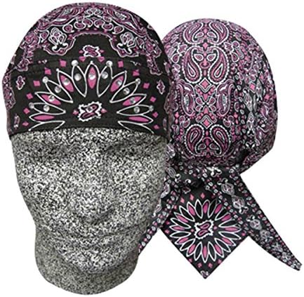 Pink Black Combo of Colors Paisley Head Wrap Durag Biker Skull Cap Sweatband Rhinestones (one Item)