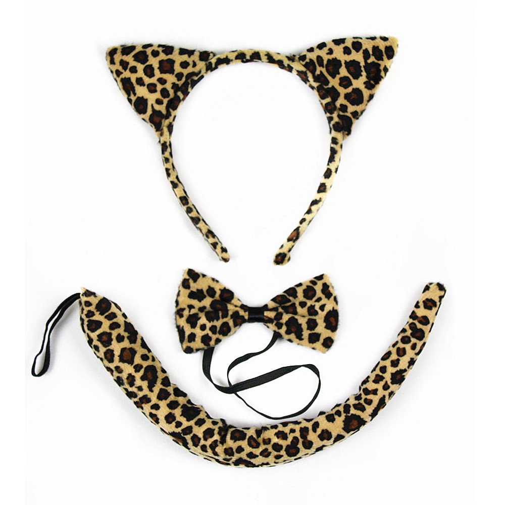 pair of soft padded pointy leopard ears, bow ties and tail accessory set