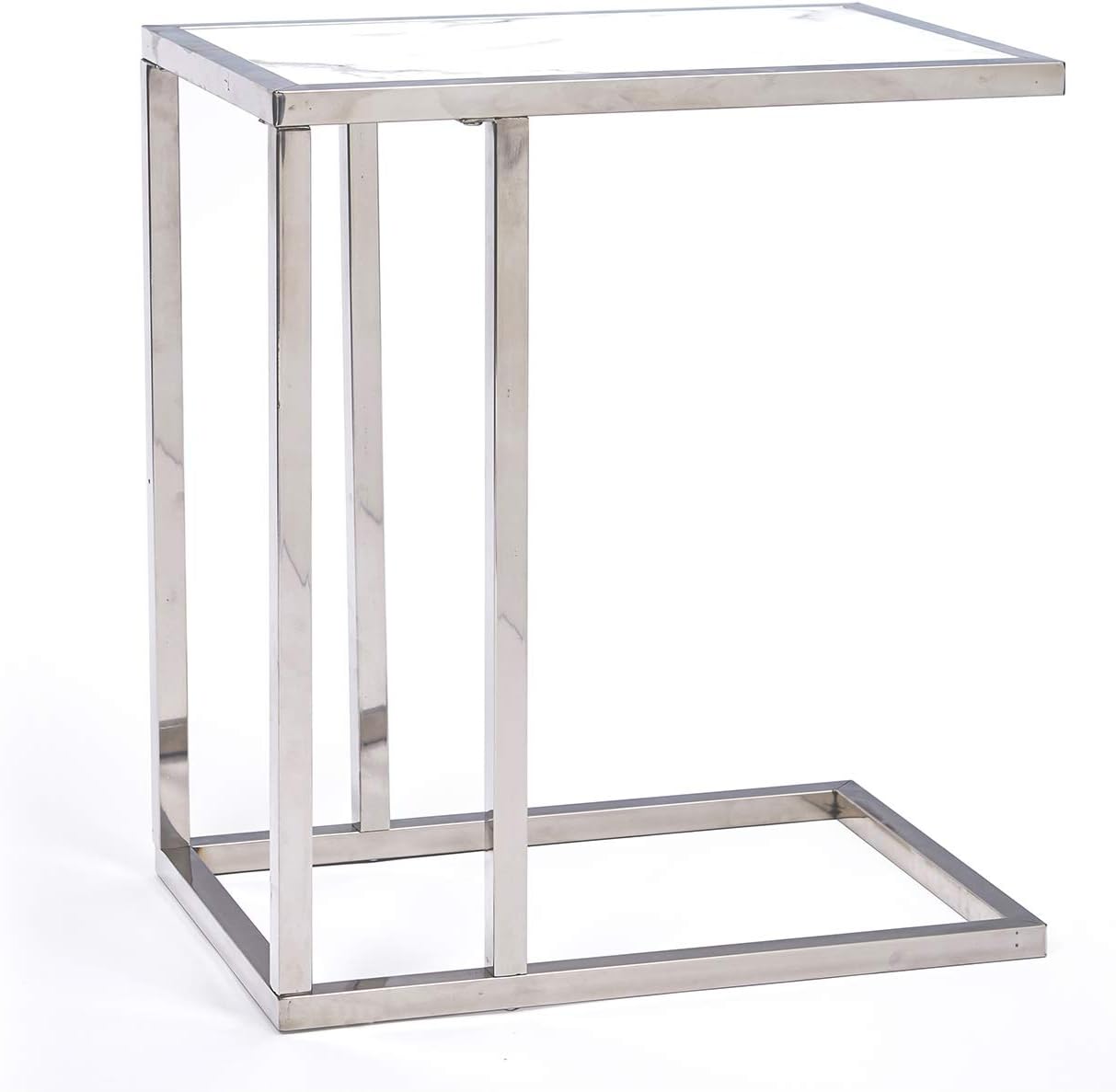 McNeil 18" Marble Look C-Shaped End Table Coffee Tea Snack Cocktail Sofa Bed Side Table, Chrome & White Carrara
