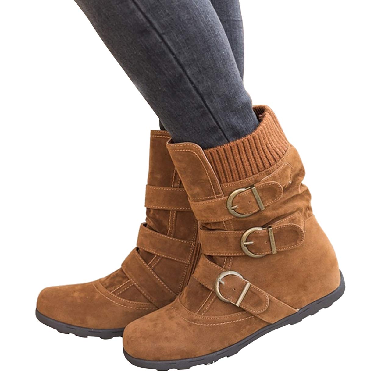 Susanny Ankle Boots for Women Warm Winter Zip Suede Booties Buckle Strappy Shoes Round Toe - Image 3