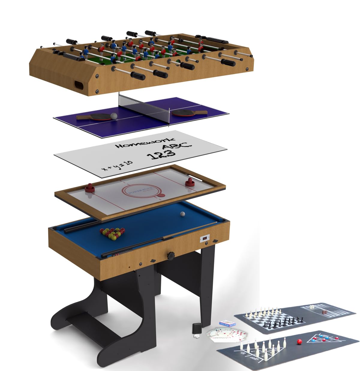 Riley 4ft Multi Games Table, 12-in-1 with Table Football, Pool, Whiteboard & Real Electric Air Hockey, Complete with Accessories for All Games - Easy Folding for Storage