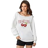 SweatyRocks Women's Off the Shoulder Oversized Sweatshirts Cherry Graphic Pullovers Sweatshirts