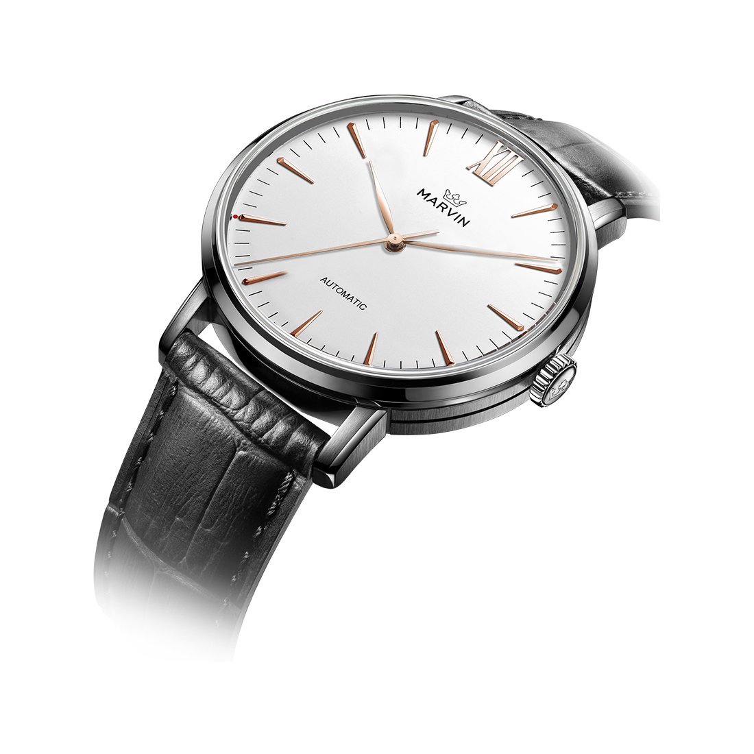 Swiss-Made-Marvin-Automatic-Men-Watches-with-White-Dial-and-Rose-Gold-PVD-Indexes