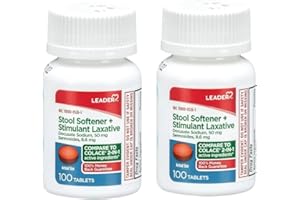 Leader 2-in-1 Stool Softener & Stimulant Laxative, Docusate Sodium 50mg, Sennosides 8.6 mg, Gentle Occasional Constipation Relief for Adults, Both Men & Women, & Children Ages 6+, 100 Tablets 2-Pack
