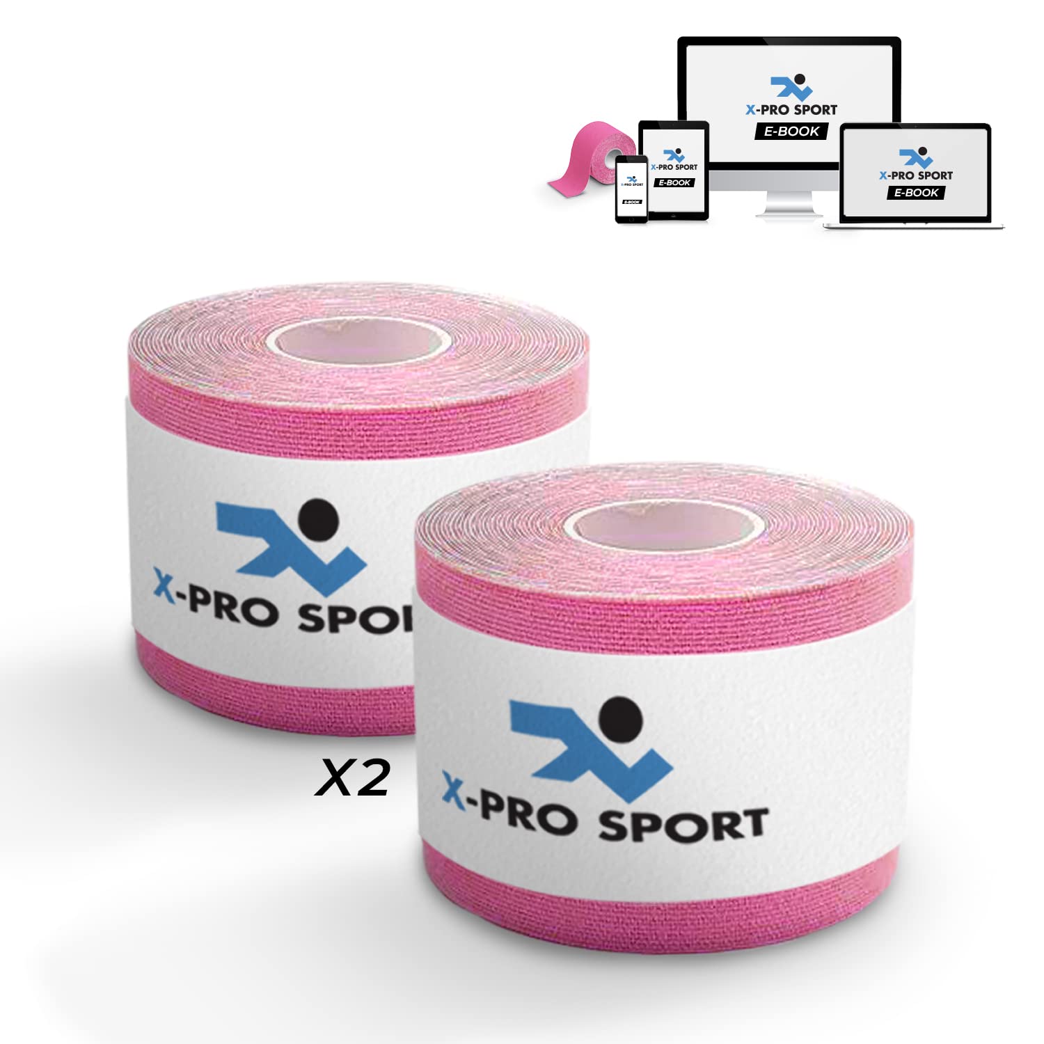 Kinesiological Tape 5m x 5cm, X-PRO SPORT Kinesio Tape with e-book with application examples, Muscle Patch, Strong Taping Resistant Elastic (2 X PINK)