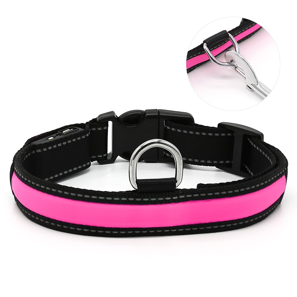 Higo LED Dog Collar,USB Rechargeable,Light Up Adjustable Nylon Fabric Reflective Led Pet Collar (L, Pink)