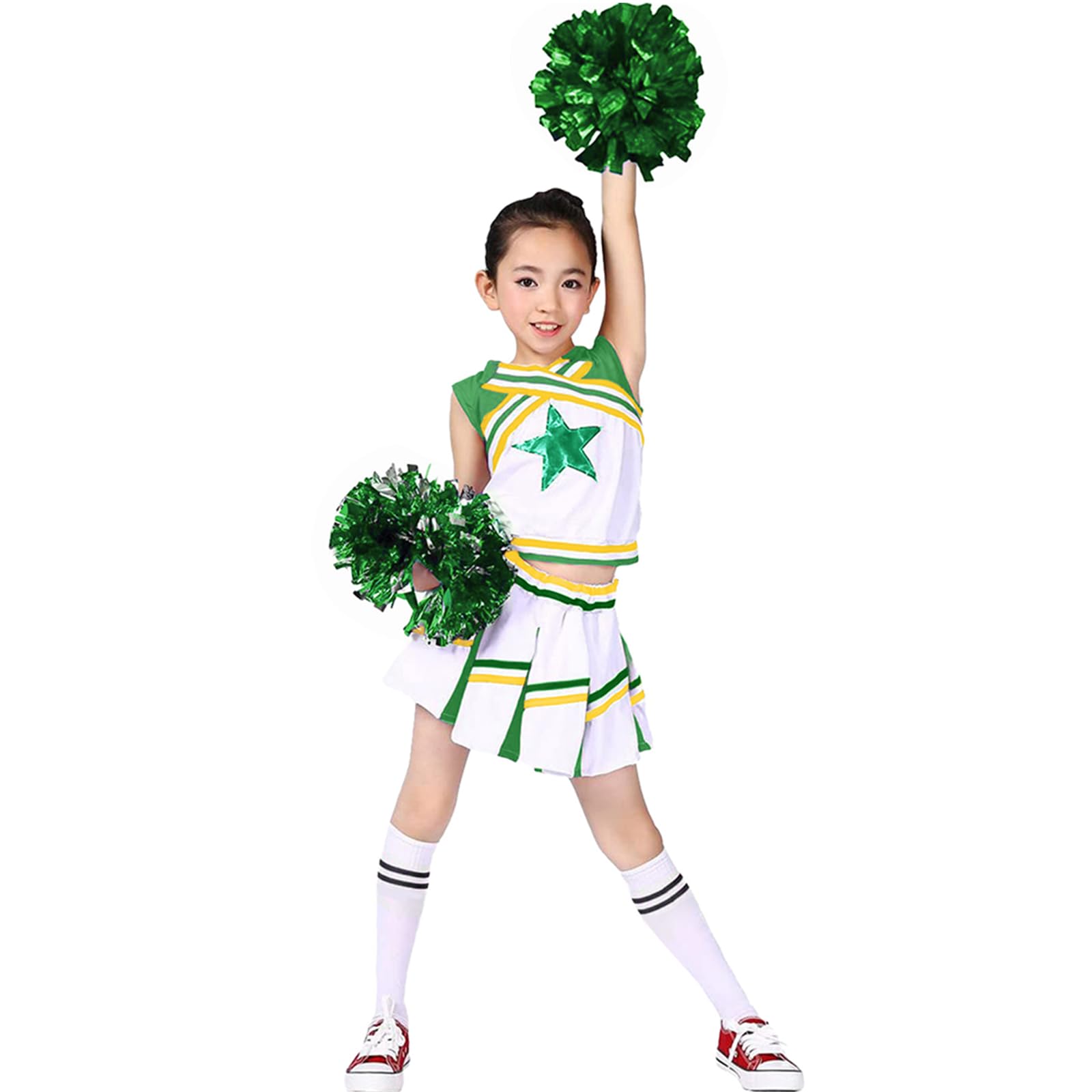 LOLANTA Girls' Cheerleading Costumes with Pompoms and Socks, Kids Halloween Fancy Dress Up, Cheerleader Outfit, Green, 12-13 Years, 170