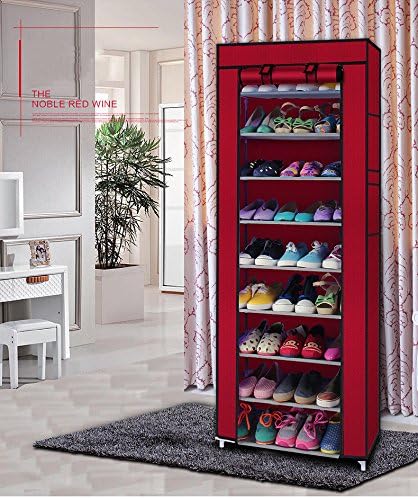 10 Tiers Shoes Rack Multi-functional 30 Pairs Shoe Tower Closet Storage Cabinet Organizer with Dustproof Non-woven Fabric Cover (Red)