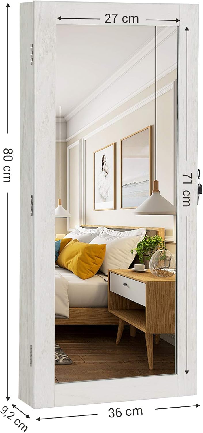 Verrouillable Couleur Chene Blanchi Jjc53wt En Bois Massif Avec Miroir Songmics Armoire A Bijoux Murale 36 X 9 2 X 80 Cm Organisateur De Bijoux Rangement Compact Armoires Bijoux