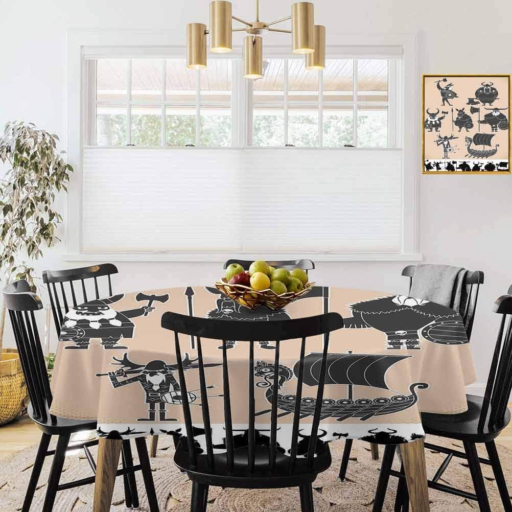 shirlyhome Nordic Table Cover Cartoon Viking Silhouettes Funny Warriors and Historical Drekar Boat Polyester Fabric Table Cloth Beige Charcoal Grey Black (Diameter 36")