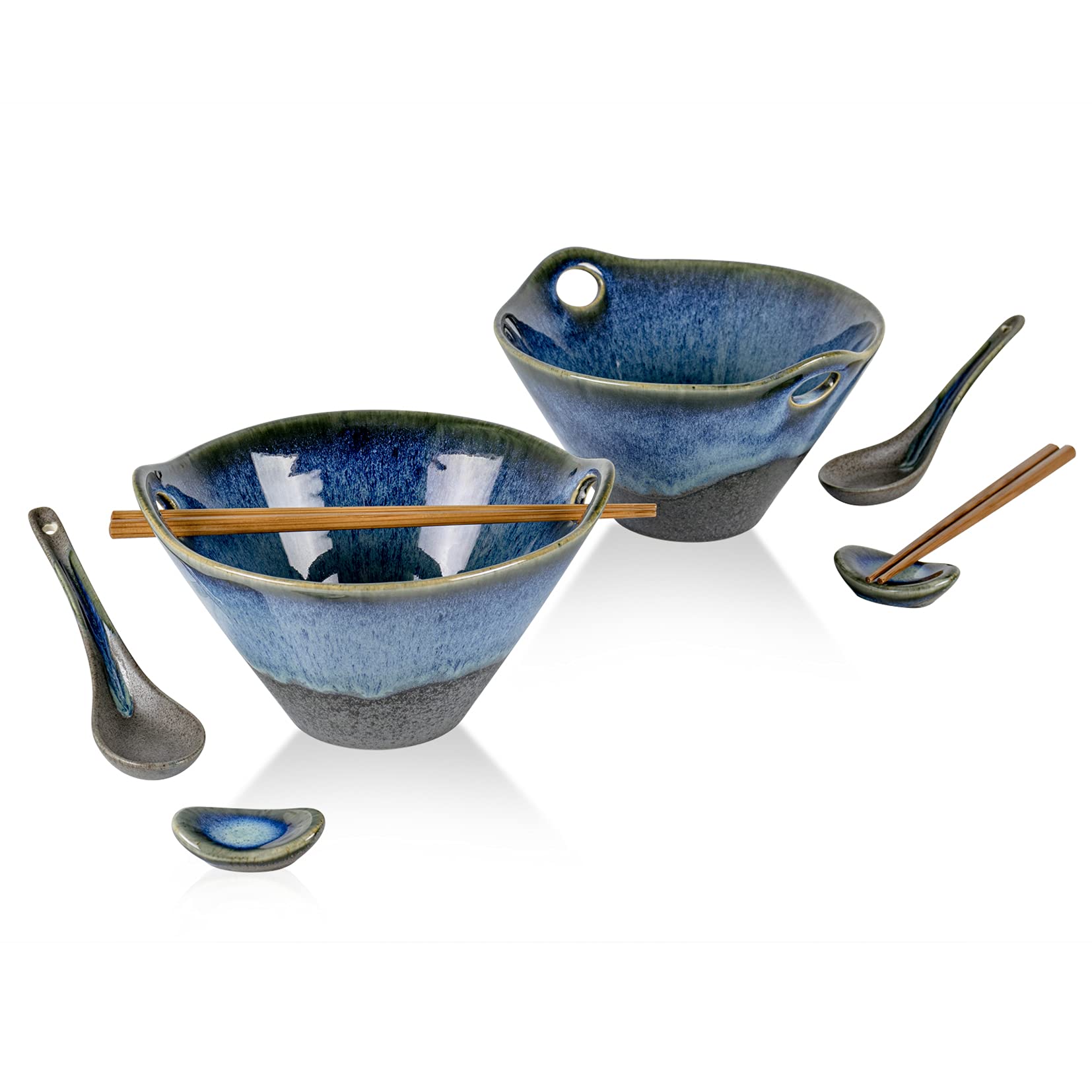 Henten Home Ceramic Ramen Bowls, 2 Sets Soup Bowls with Chopsticks Spoon and Chopstick Rest - 600ml, Japanese Ramen Bowl for Cereals, Pasta, Assorted, Soup, Udon, Dishwasher Microwave Safe