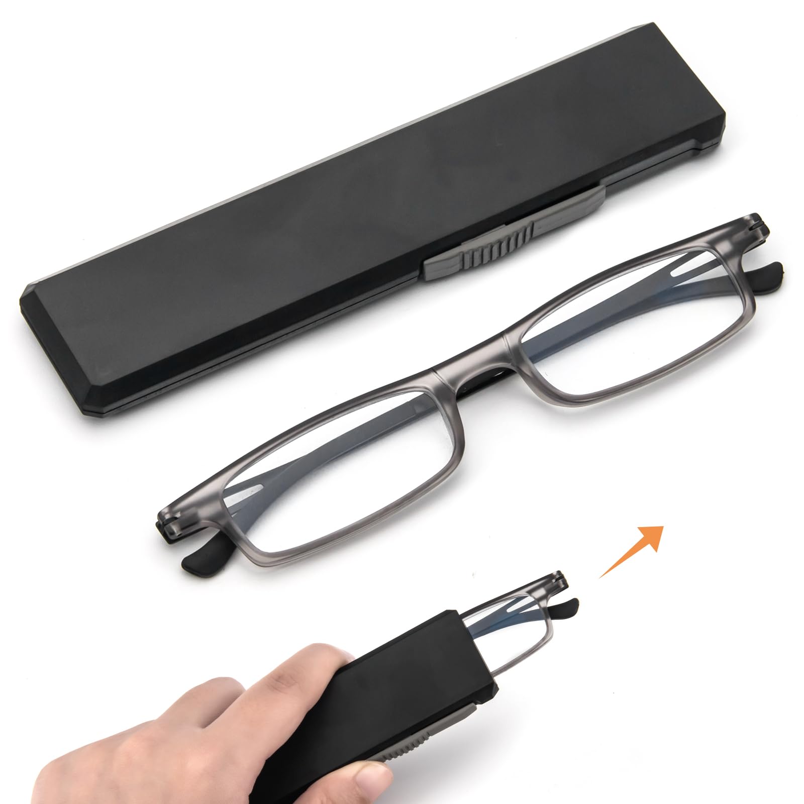MMOWW Ultra thin Reading Glasses TR90 Lightweight for Men Women Blue Light Blocking Compact Computer Readers Portable Unique Stretchable Slim Flat case Black (Grey, +3.5)
