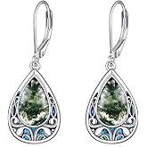 URONE Moss Agate Earrings 925 Sterling Silver Filigree Earrings Dangle Moss Agate Jewelry for Women
